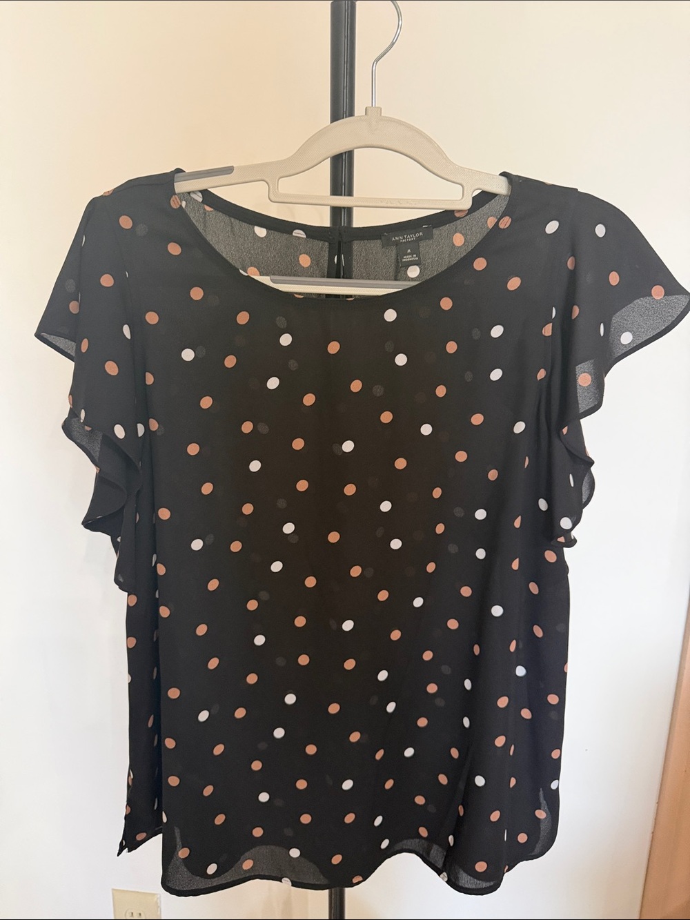Ann Taylor Black Blouse with Rust and White Polka Dots